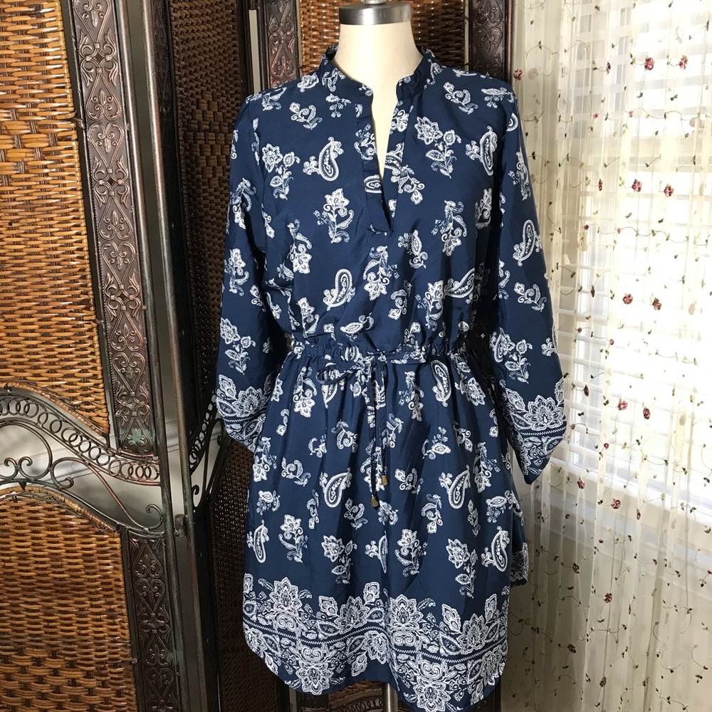 Women's Navy Blue Paisley Print Drawstring Waist Bandana Dress